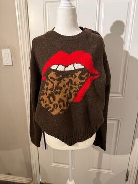 LUCKY BRAND Brown Graphic Leopard-Tongue Crewneck Sweater - Women